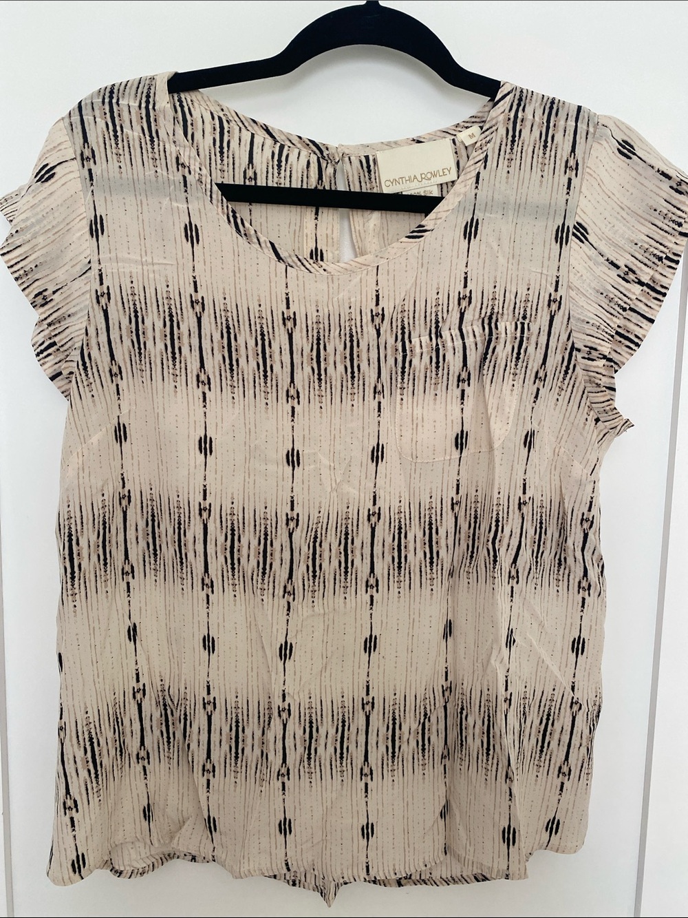 Cynthia Rowley Beige and Black Abstract Stripe Cap-Sleeve Blouse